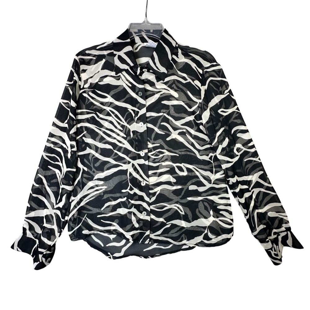 Nicola Zebra Print Sheer Mesh Button Down Shirt Y2K Animal Print Small Black